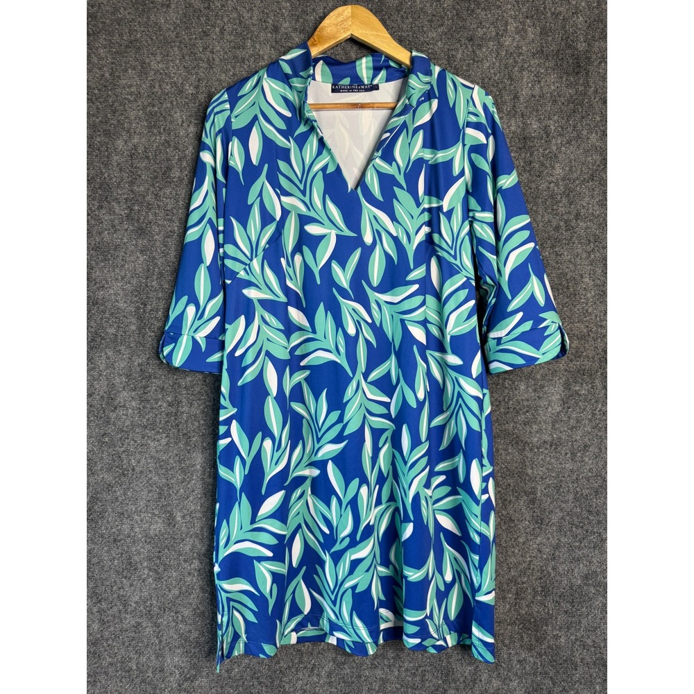 Katherine Way‎ Dress Women L Blue Green Leaf Tropical Vacation Casual Resort